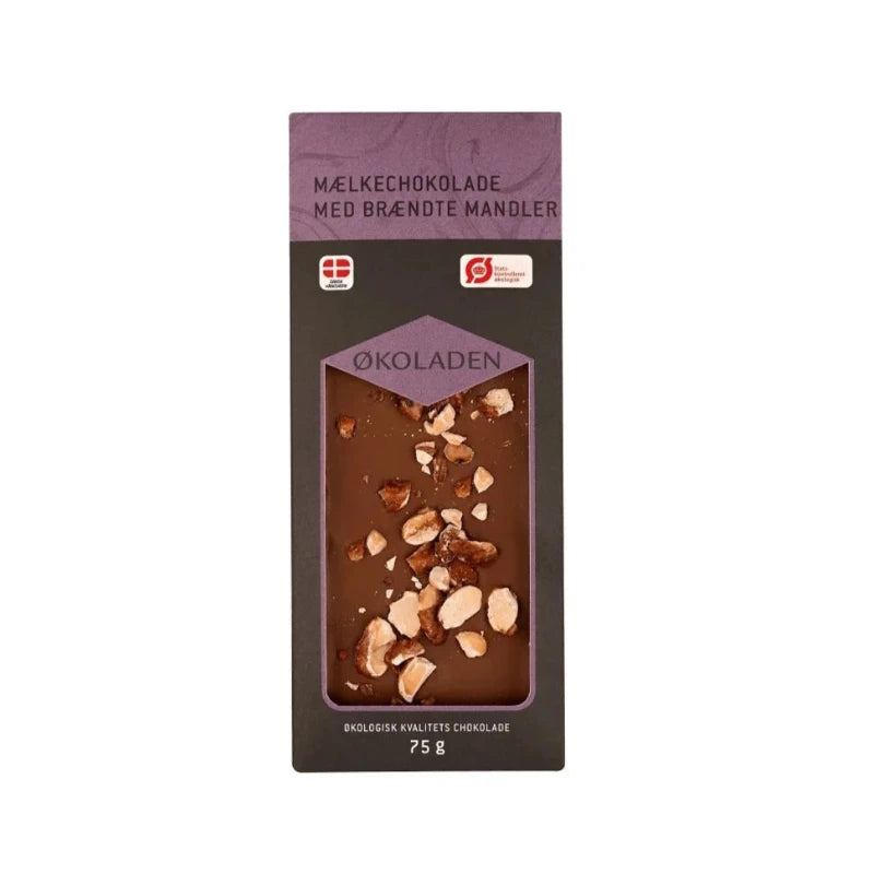 ØKOLADEN - ØKOLOGISK MÆLKECHOKOLADE - BRÆNDTE MANDLER - 75 g.