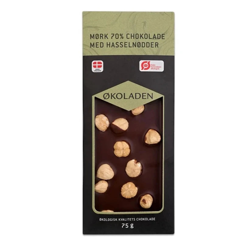 ØKOLADEN - ØKOLOGISK MØRK 70% CHOKOLADE - HASSELNØDDER - 75 g.