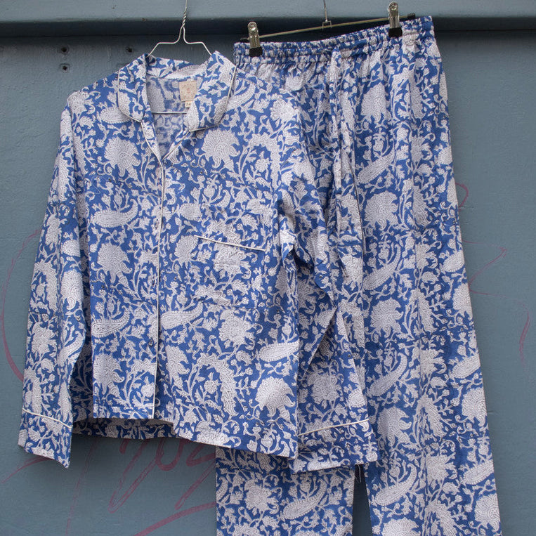 Craft Sisters - Blockprint Bomuldspyjamas -  Blue Flower