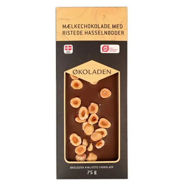 ØKOLADEN - ØKOLOGISK MÆLKECHOKOLADE - RISTEDE HASSELNØDDER - 75 g.