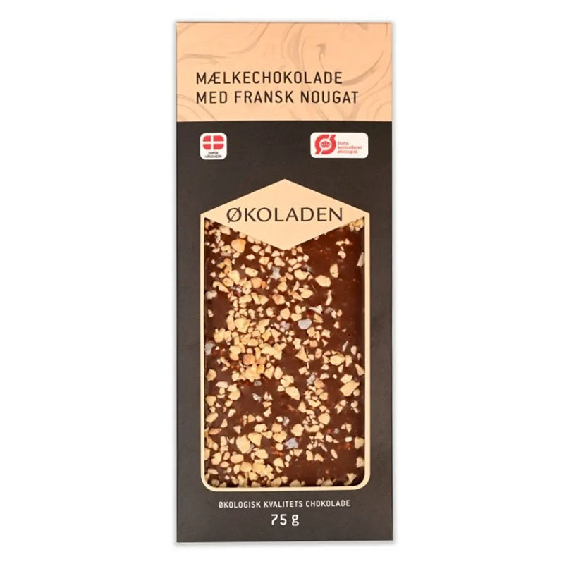ØKOLADEN - ØKOLOGISK MÆLKECHOKOLADE - FRANSK NOUGAT - 75 g.